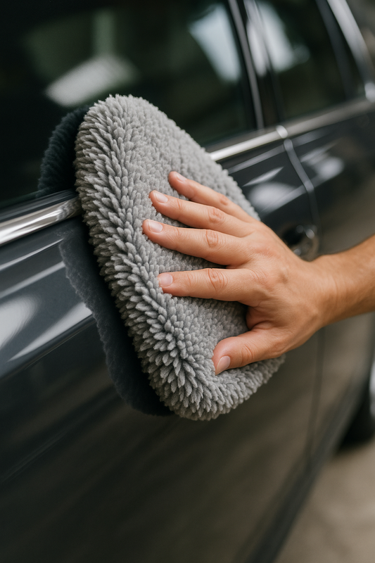 Ultraweiches Mikrofasertuch reinigt glänzenden Autolack – Nahaufnahme der Lackpflege mit reflektierendem Finish