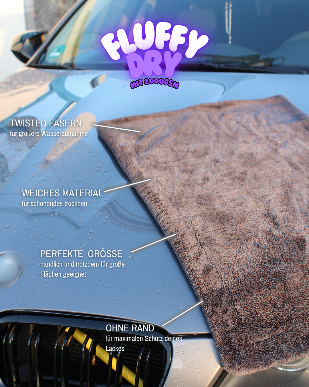 Decare FluffyDry Trockentuch mit Produktvorteilen wie hohe Saugkraft, streifenfreie Trocknung und lackschonende Fasern